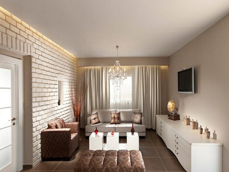 luxuriöses wanddesign mit weißen ziegeln im wohnzimmer