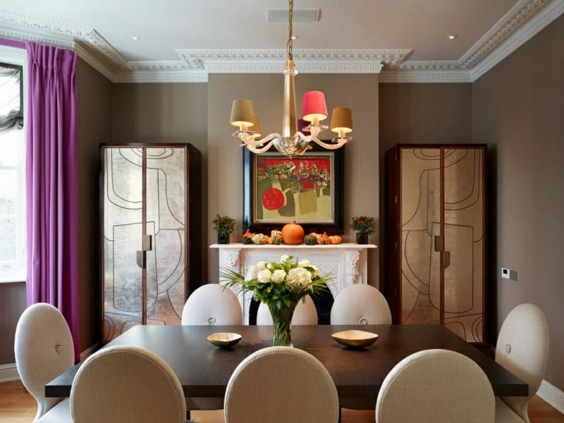 designer lila fenstervorhänge im wohn- und esszimmer