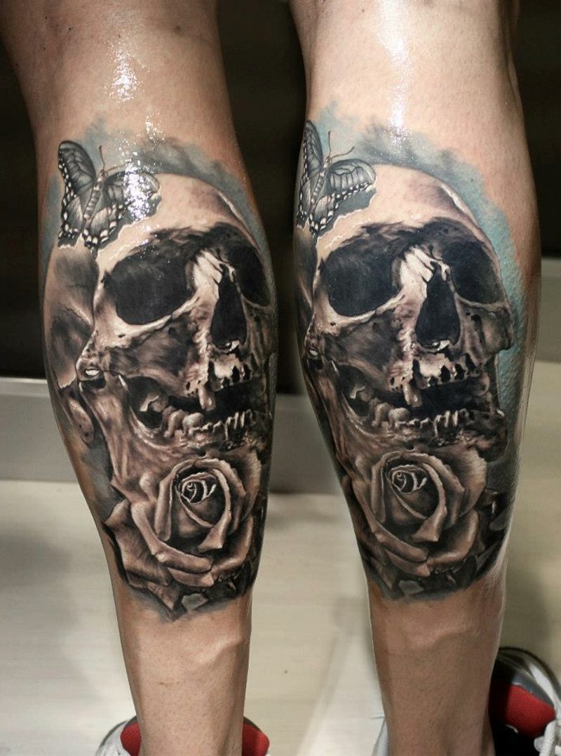 waden tattoo skull and rose