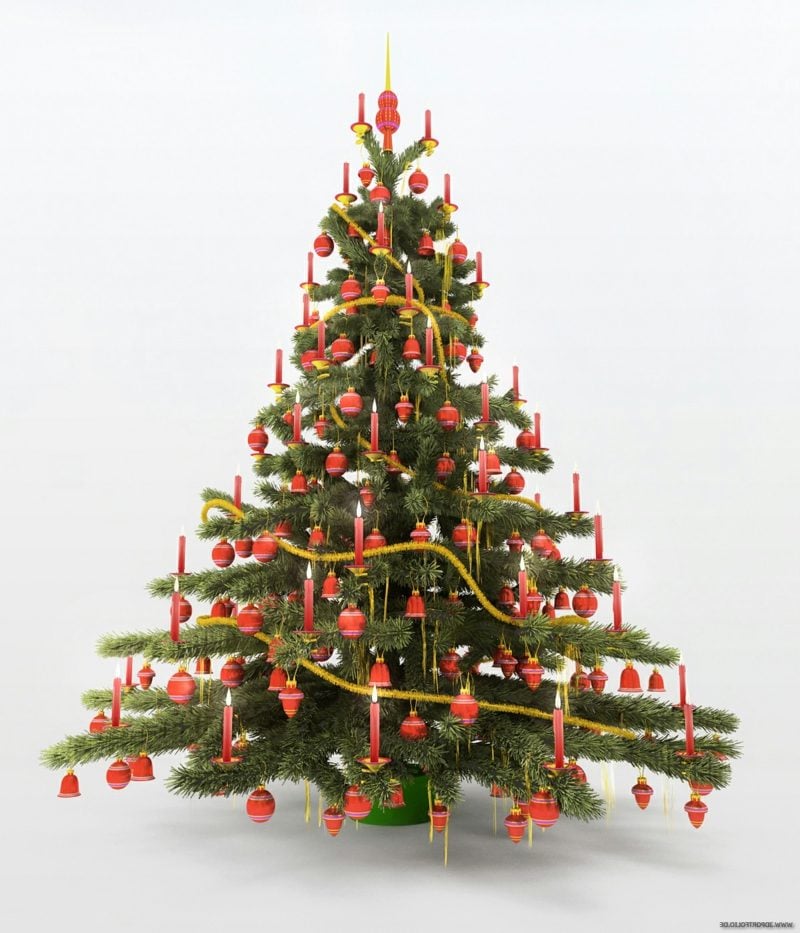künstliches Weihnachtsbaum, dekoriert mit echten Kerzen