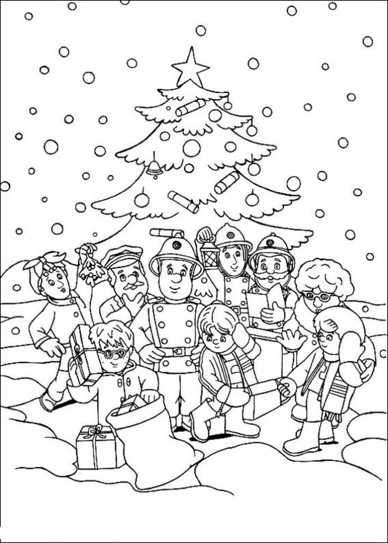 Ausmalbilder Weihnachten feiern Schnee Weihnachtsbaum Kinder Polizisten Feuerwehrmänner