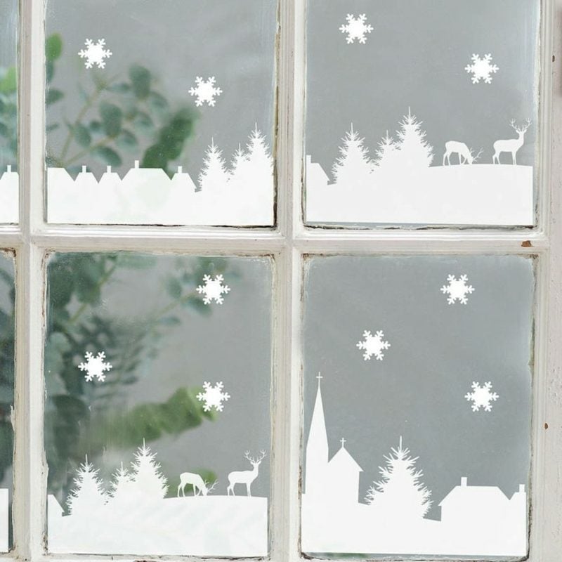 Fensterbilder zu Weihnachten Stadt aus Kunstschnee