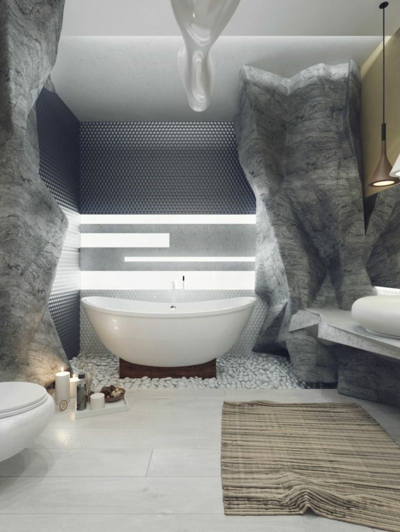 Luxus Badezimmer Wandverkleidung Felsenoptik Badewanne Porzellan Akzentbeleuchtung