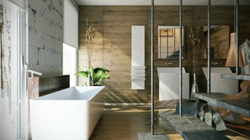 Luxus Badezimmer Wandverkleidung Holz hängende Treppe riesige Badewanne