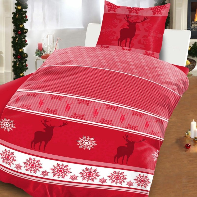 Bettwäsche zu Weihnachten im Rot Schneeflocken und Rentiere