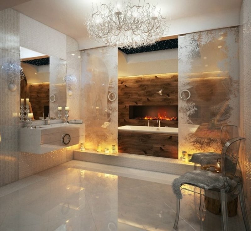 Luxus Badezimmer Kamin indirekte Beleuchtung prachtvolles Ambiente
