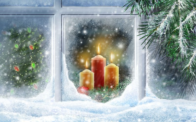 weihnachtliches Fensterbild brennende Kerzen Schnee traumhafter Look