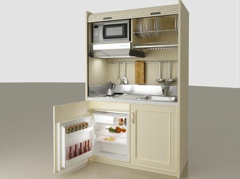 mobile Küche Backofen und Kühlschrank eingebaut