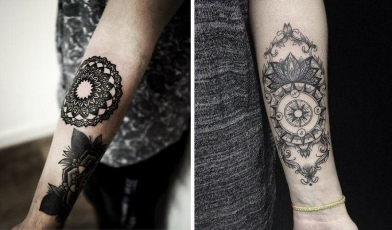 Tattoo auf Unterarm Frau geometrische und florale Motive