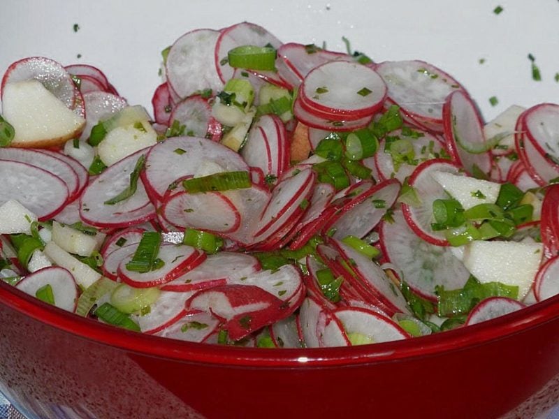Radieschen gesund leckerer Salat mit Radieschen und Lauchzwiebeln