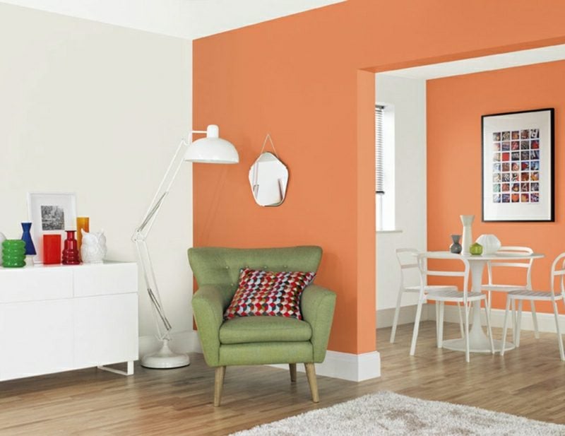 Wandgestaltung Ideen Wohnzimmer Wandfarben Weiss Orange