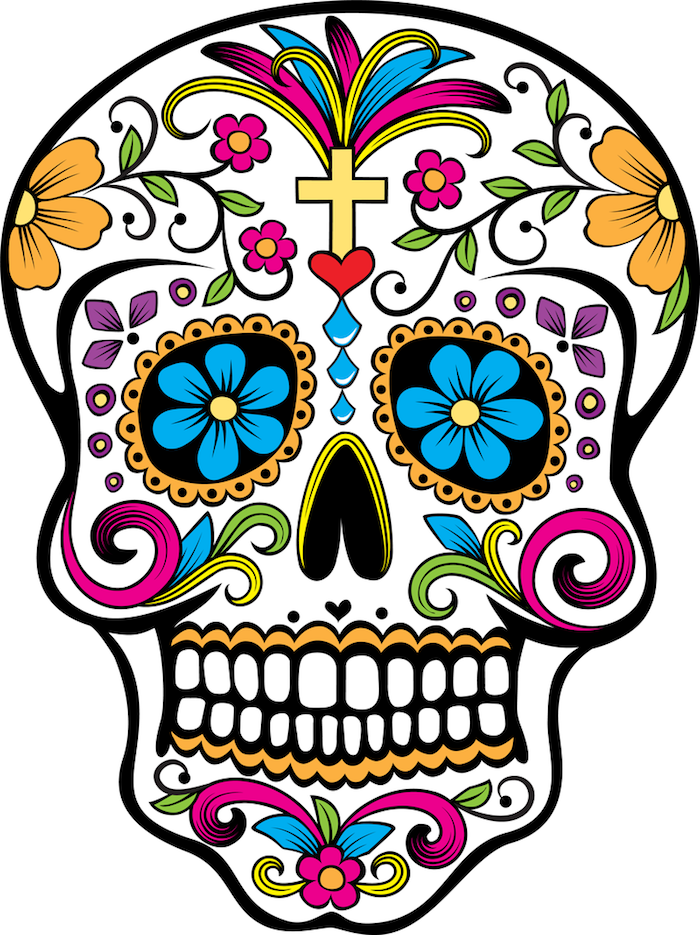 Tattoo Totenkopf mexikanisch Vorlage bunt blaue Blumen