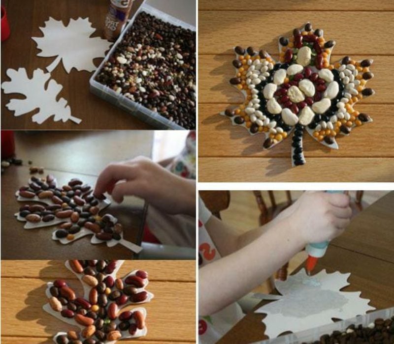 Herbstbasteln mit Kindern Mosaik Hülsenfrüchte