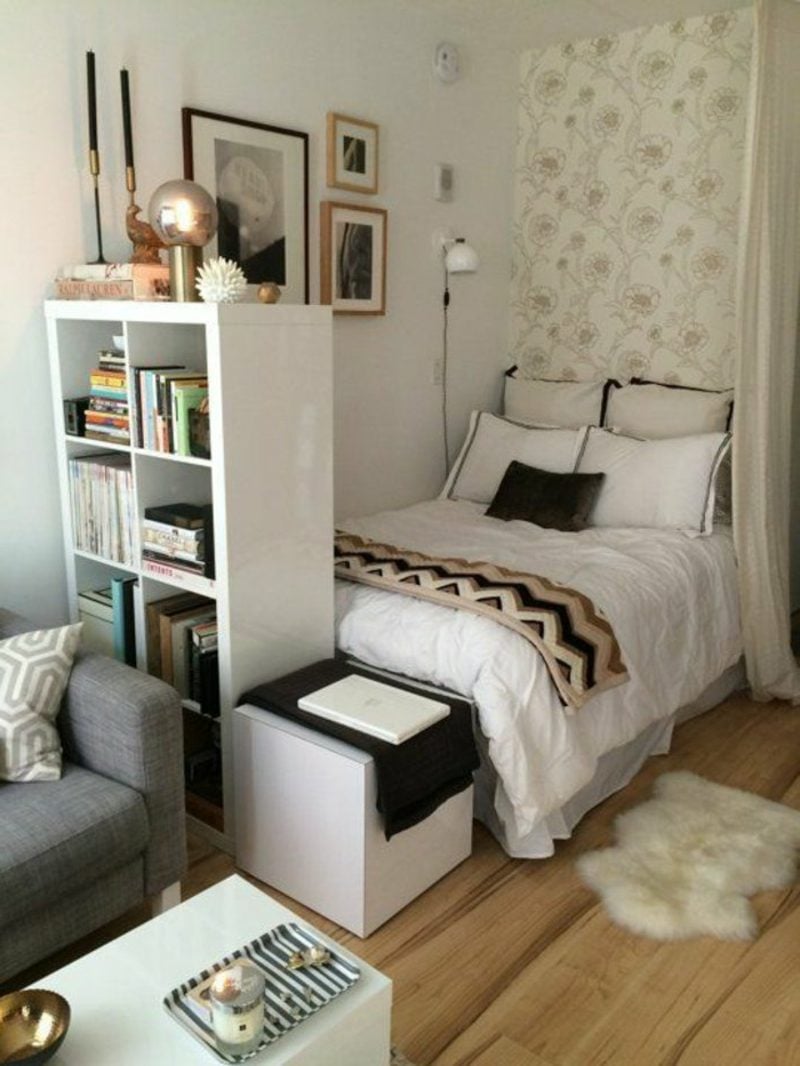 platzsparende Möbel Einzimmerwohnung Bett kompakt Raumteiler