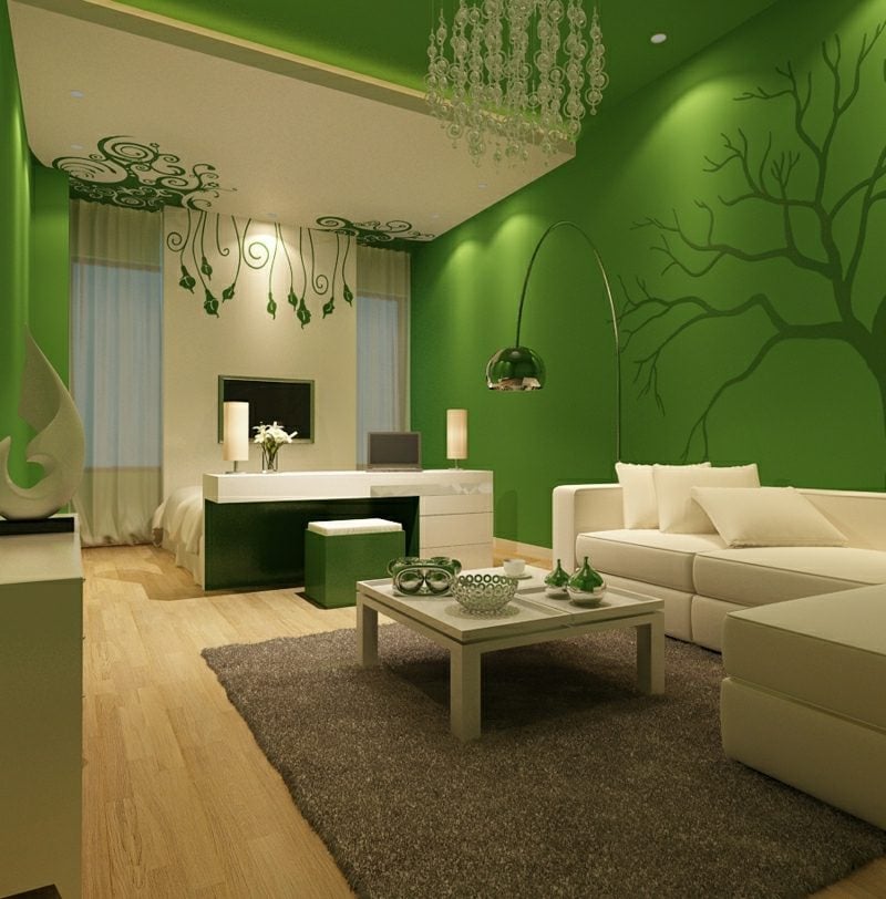 Wohnzimmer farblich gestalten cremefarbe und grün