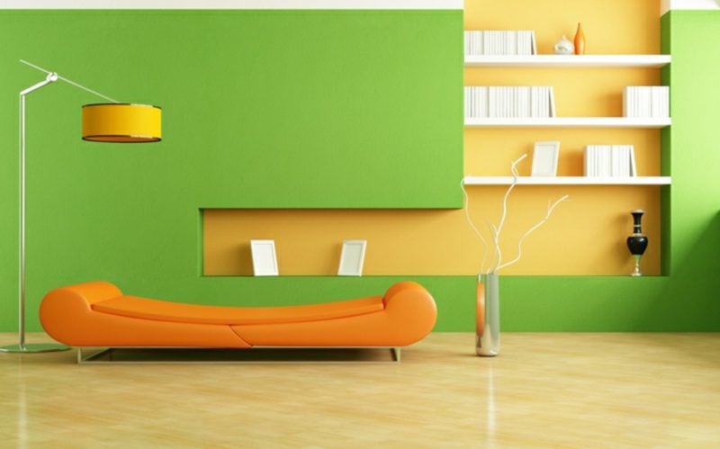 Wohnzimmer farblich gestalten harmonisch orange grün gelb