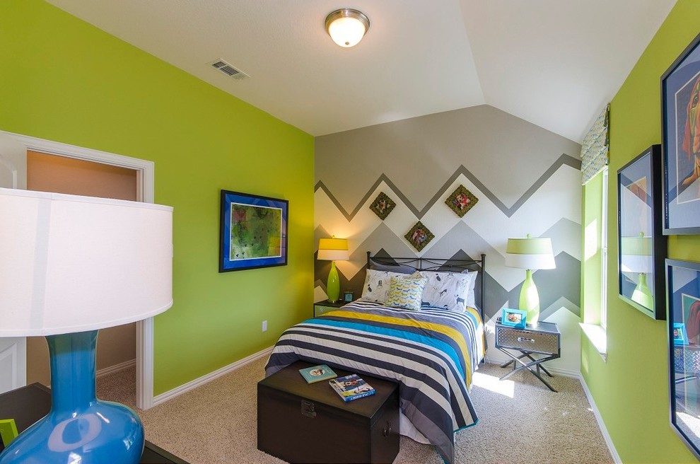 Die moderne Kombination für Wandgestaltung Jugendzimmer ist mit gemusterter Tapete Jugendzimmer im Grau und Weiß und grüner Wandfarbe