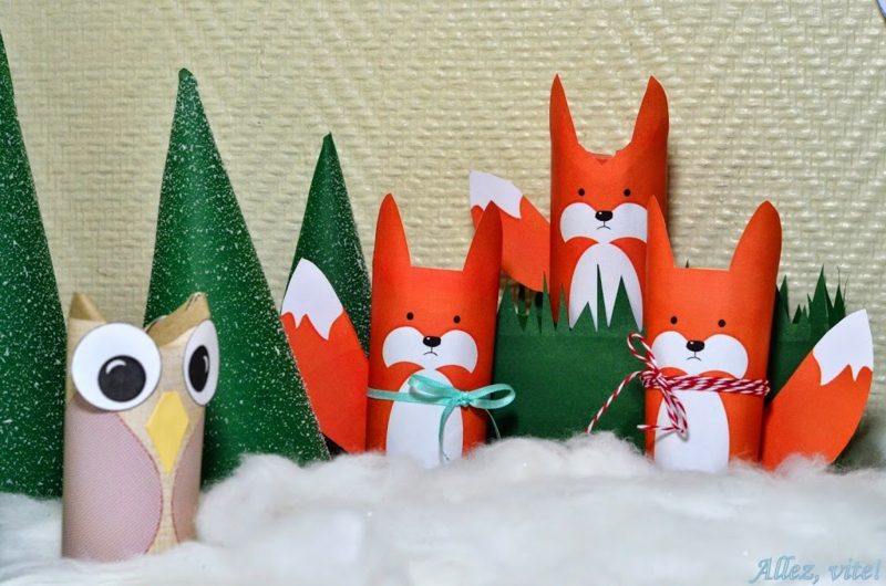 Basteln mit Klopapierrollen Weihnachten lustige Figuren Eule Füchse