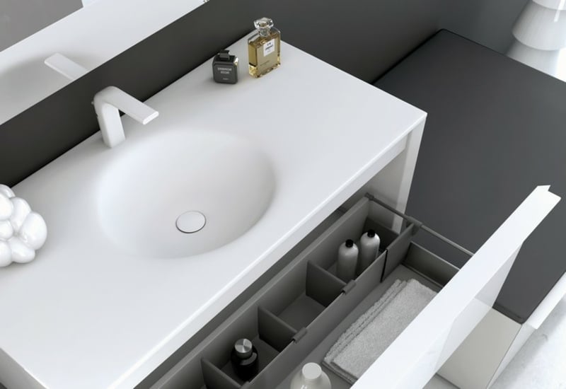 Waschbecken mit Unterschrankweiss elegant Schubladen Abteilungen