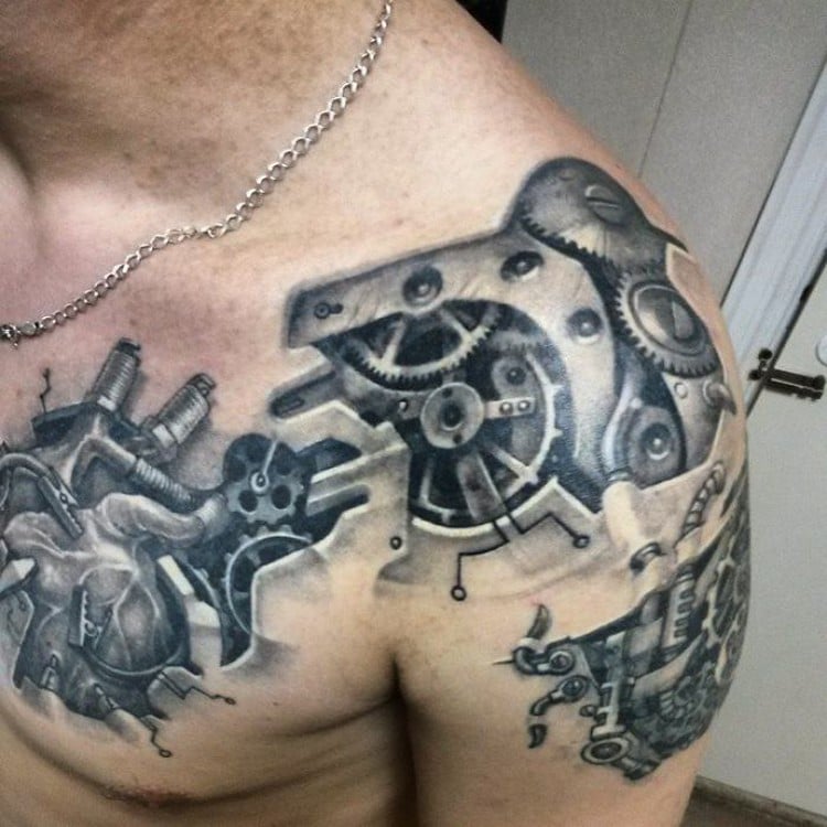 coole Tattoos für Männer Biomechanik Schulter Brust