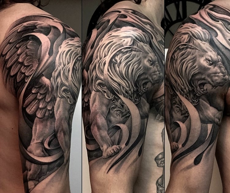 Tattoo Mann Löwe mit Flügel abstrakt