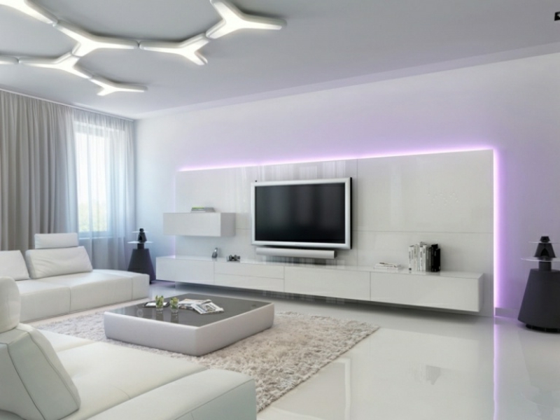 minimalistisches Wohnzimmer schick Akzentbeleuchtung Fernseher