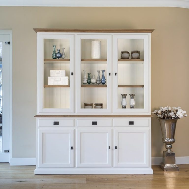 KecDuey Hochschrank Sideboard Weiß - Landhausstil Mit Glasfronten (94,5x30x175,5cm)